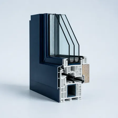 Hybrid PVC and aluminium profile section presented as a design object