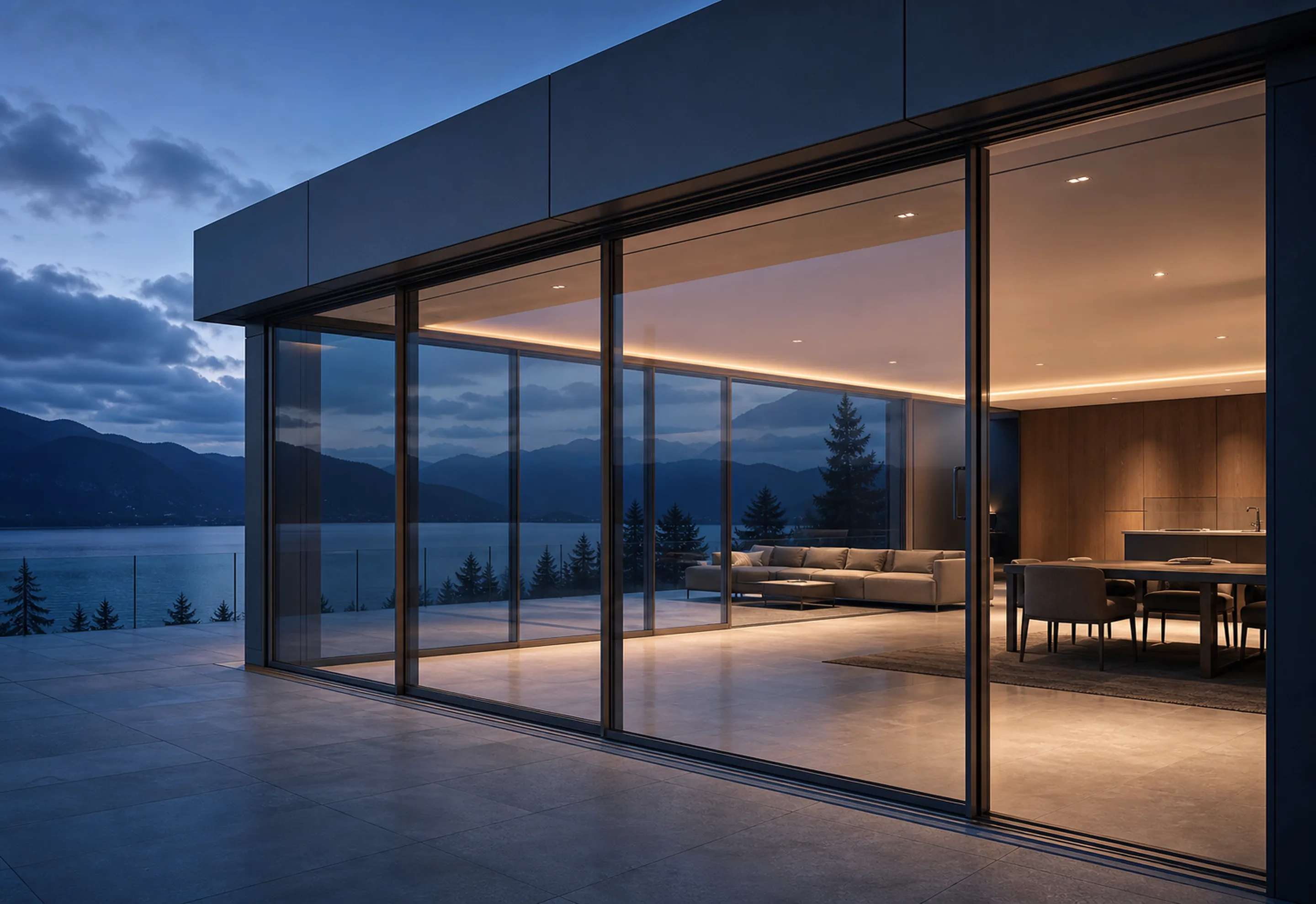 Panoramic residence with wide aluminium openings at dusk